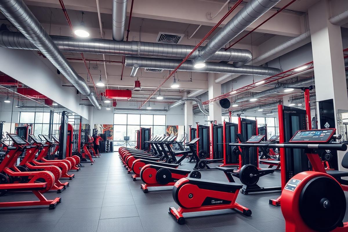 Modern Ironclad Gym interior with red and black equipment